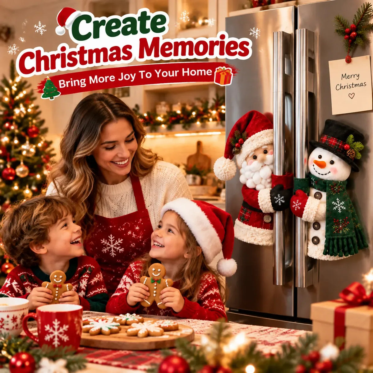 Santa and Snowman refrigerator decorations styled in a Christmas kitchen