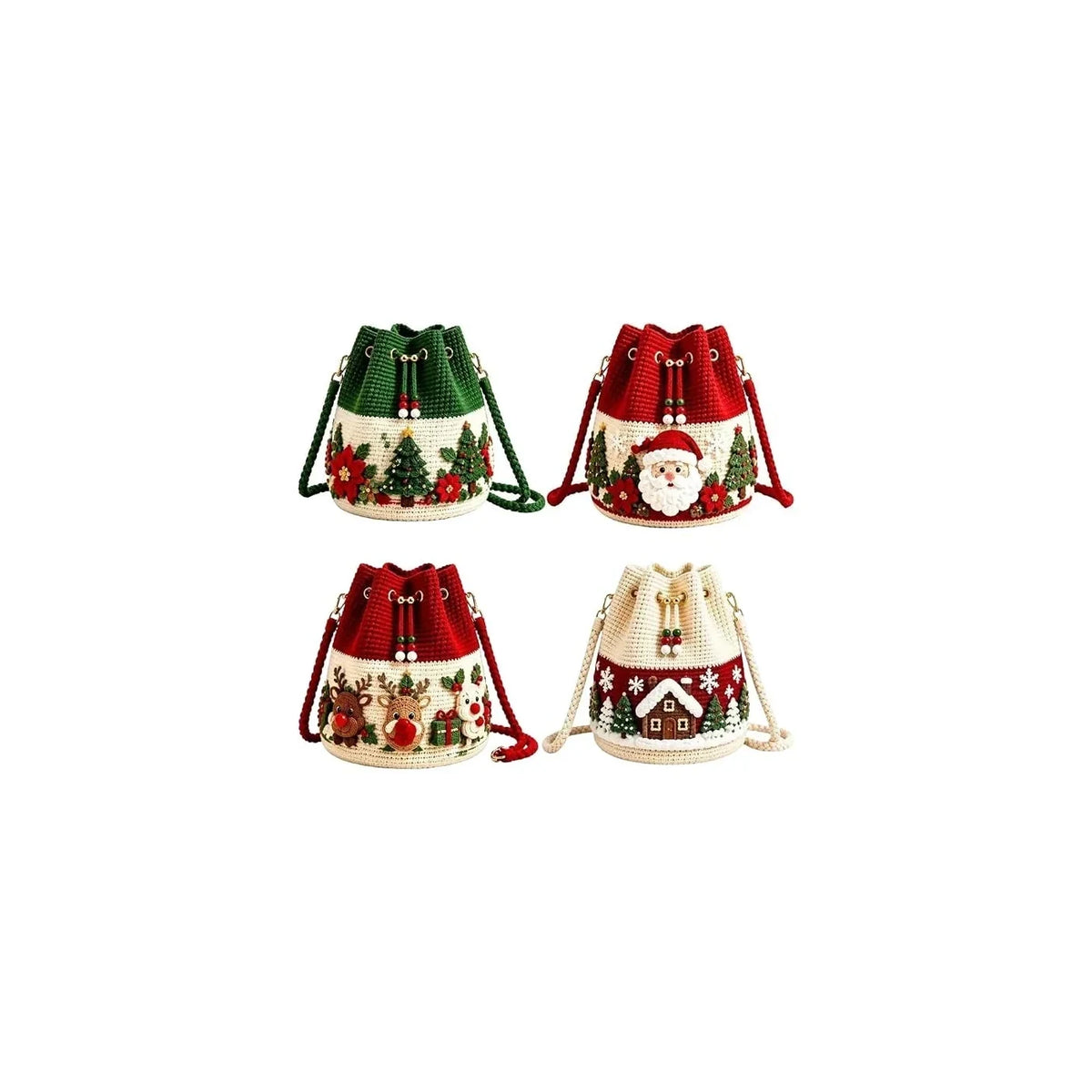 Four Christmas bucket bag styles shown together