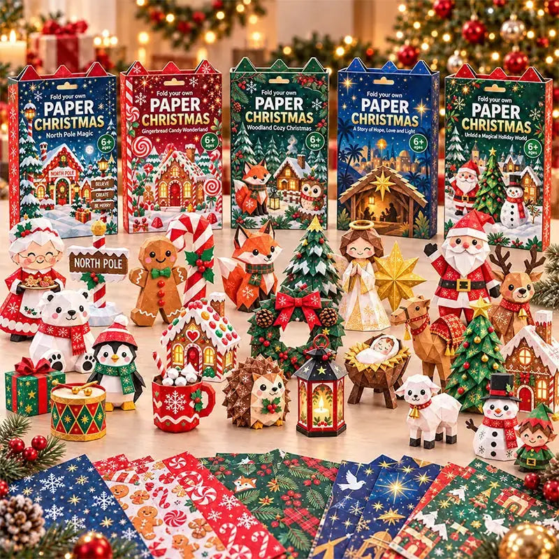 Five Christmas paper-craft themes with assembled paper characters