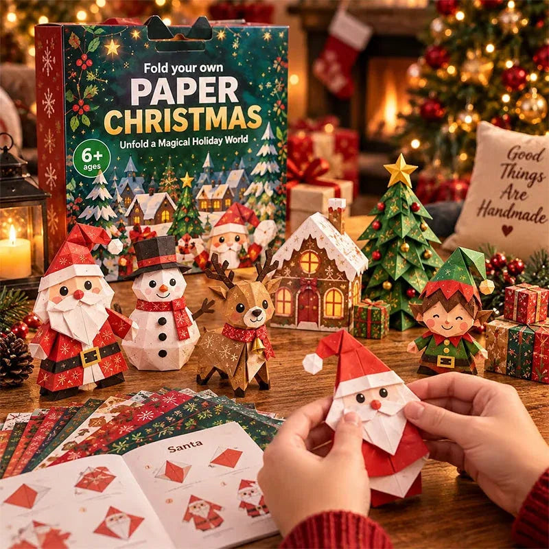 Classic Christmas paper-craft characters and folding-guide illustration