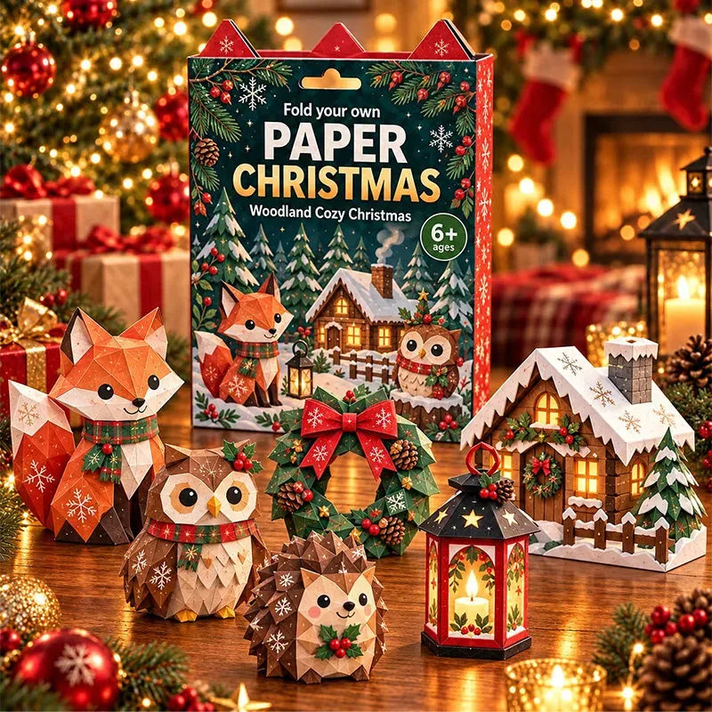 Woodland Christmas paper-craft animals, wreath and cottage