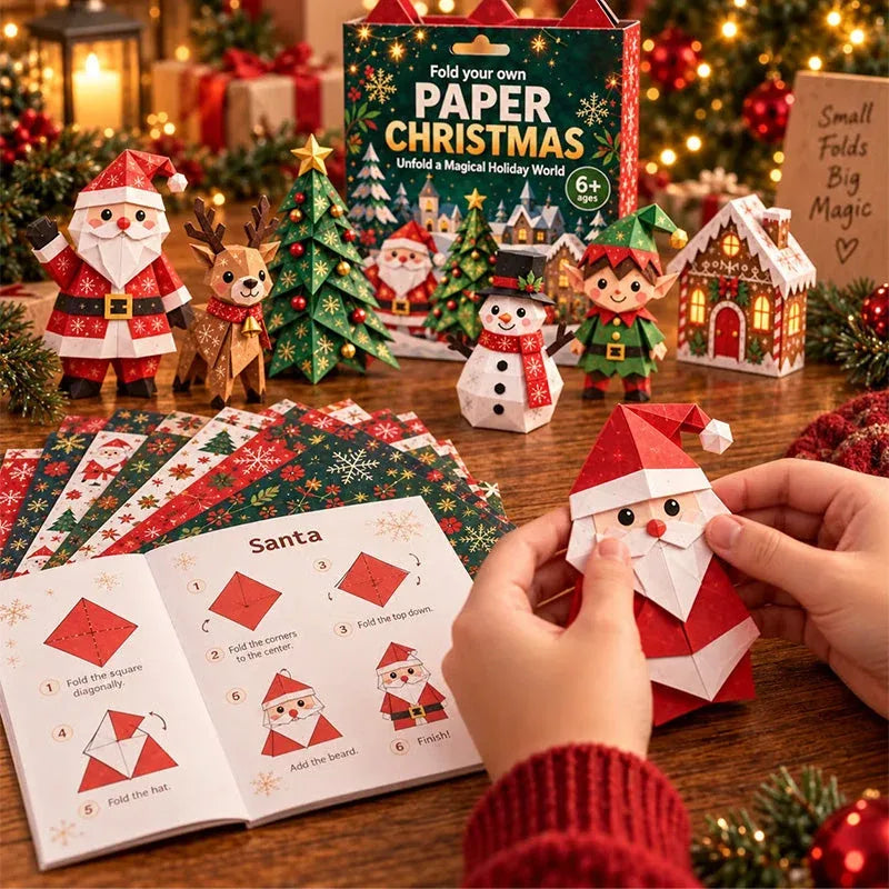 Classic Christmas folding-guide illustration and assembled paper characters