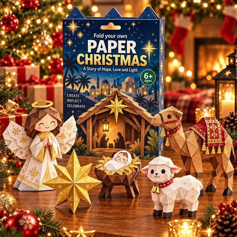 Nativity Christmas paper-craft set with angel, star, manger, lamb and camel