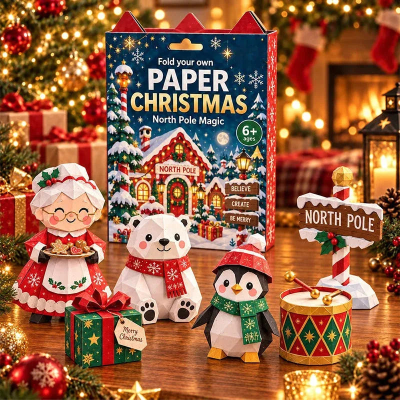 North Pole Magic paper-craft set with Mrs Claus, bear, penguin, gift and drum