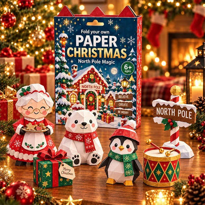 North Pole Magic paper-craft set with Mrs Claus, bear, penguin, gift and drum