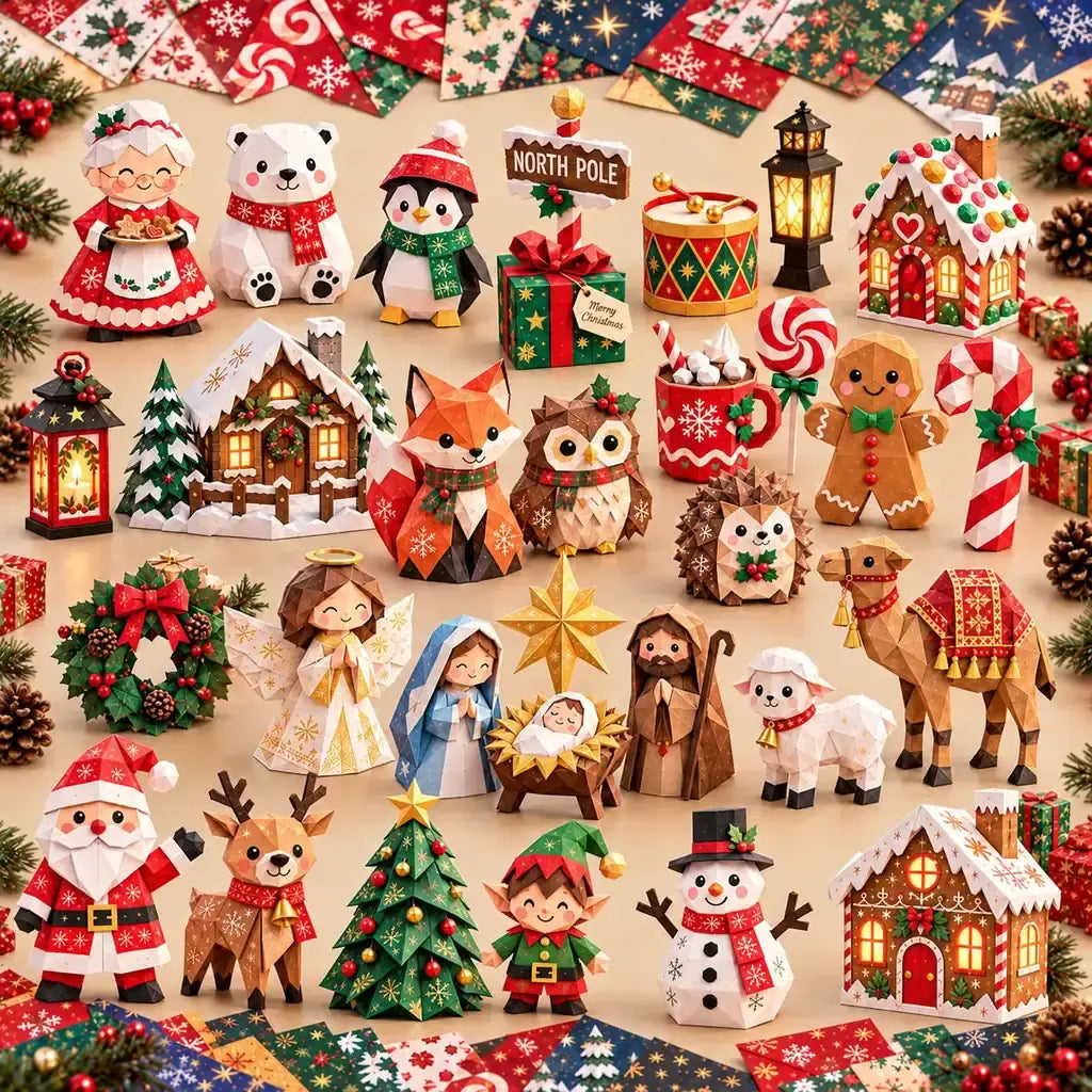 Collection of assembled Christmas paper-craft characters