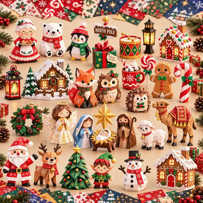 Collection of assembled Christmas paper-craft characters