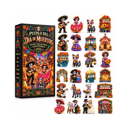 Illustrated Día de los Muertos charm assortment and calendar box; flat printed acrylic construction