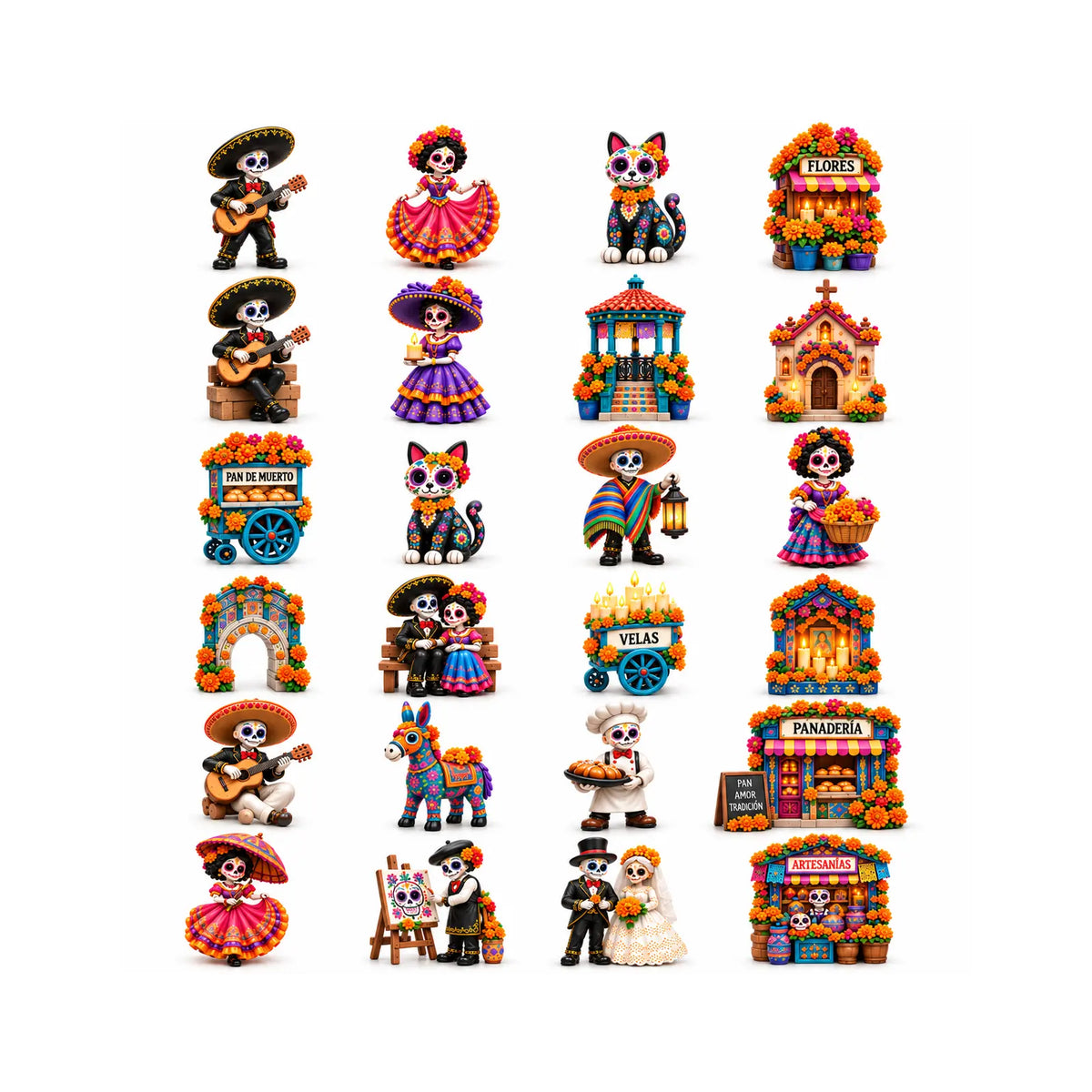 Artwork designs for 24 flat acrylic Día de los Muertos charms