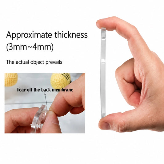 Flat acrylic charm edge-profile reference showing approximately 3–4 mm thickness and protective film