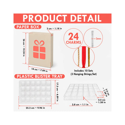 Calendar packing guide: 24 flat charms, hanging strings, paper box approximately 26 by 18 by 3 cm