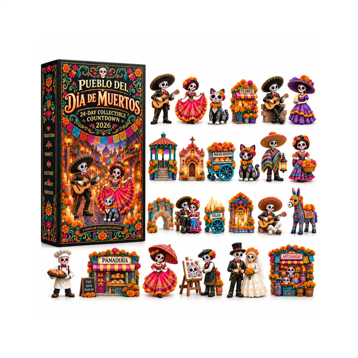 Día de los Muertos calendar and printed charm artwork; designs are flat acrylic, not sculpted figures