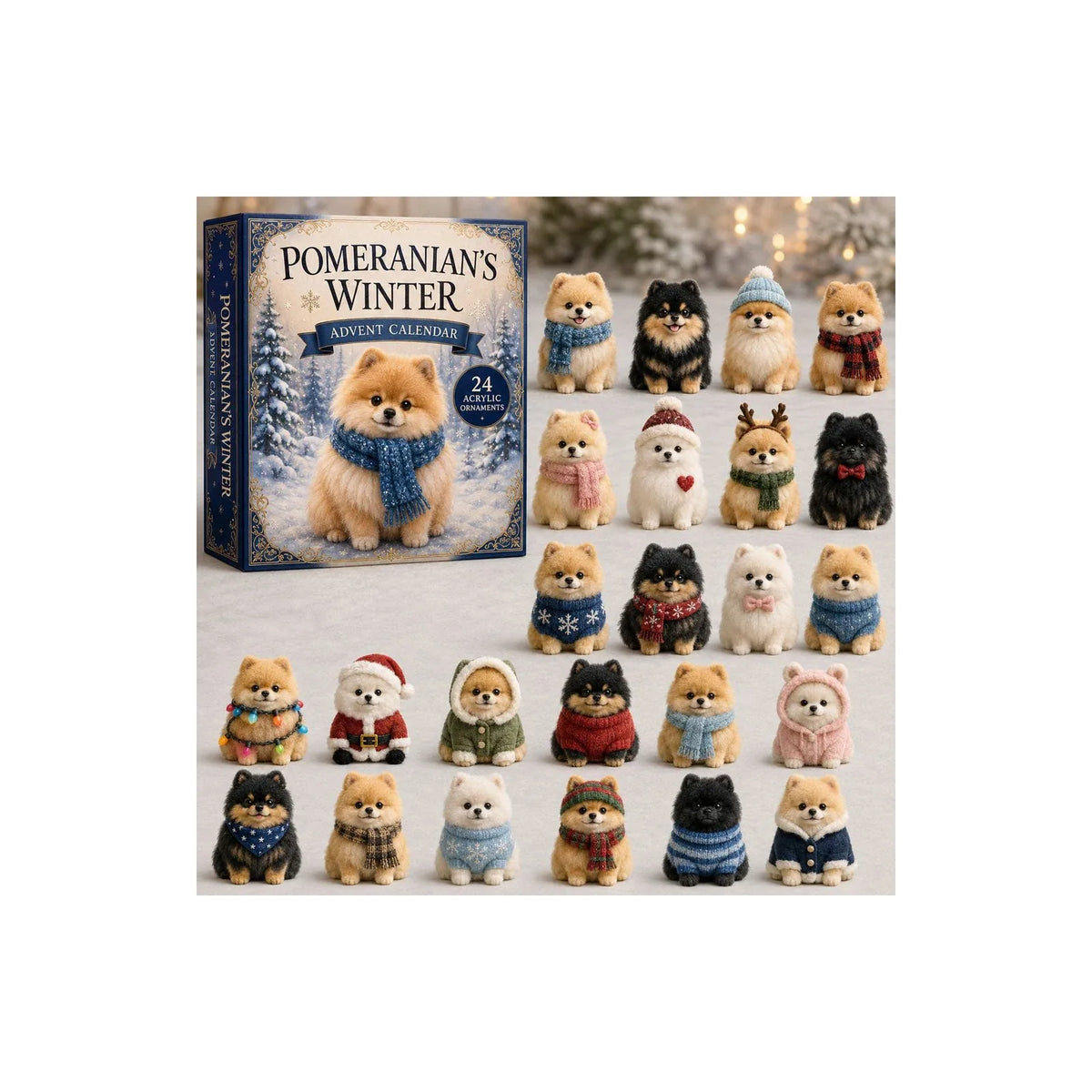 Winter Pomeranian advent calendar box with 24 printed acrylic dog charm designs