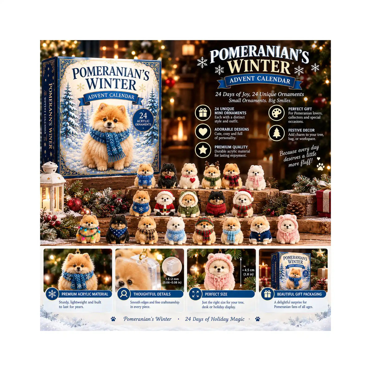 Winter Pomeranian acrylic charm advent calendar with a close-up of the flat acrylic edge and 4.5 cm size guide