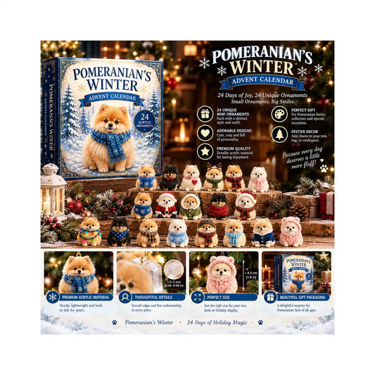 Winter Pomeranian acrylic charm advent calendar with a close-up of the flat acrylic edge and 4.5 cm size guide