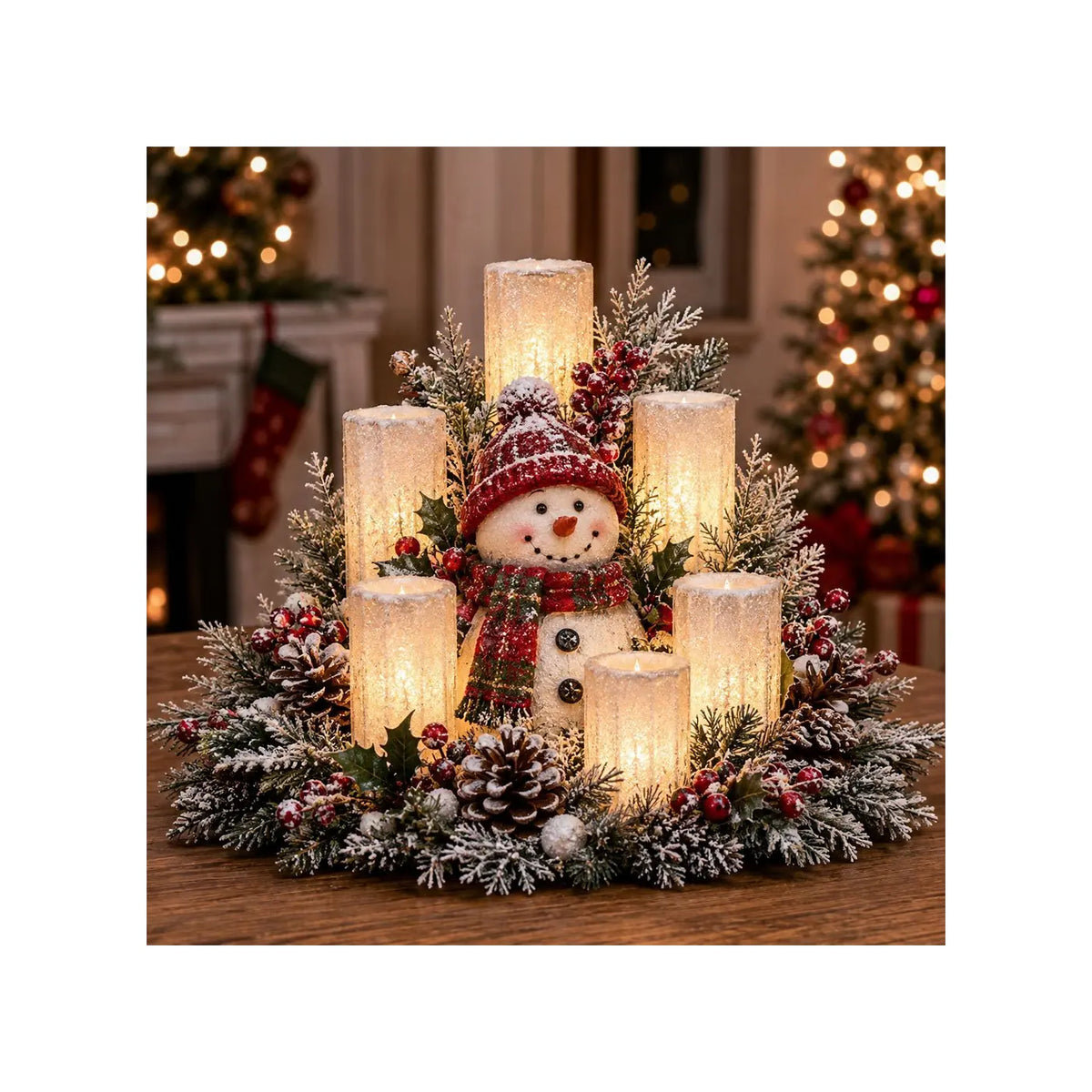 Snowman Christmas centerpiece with candle-style lights and greenery
