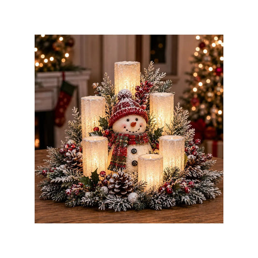 Snowman Christmas centerpiece with candle-style lights and greenery