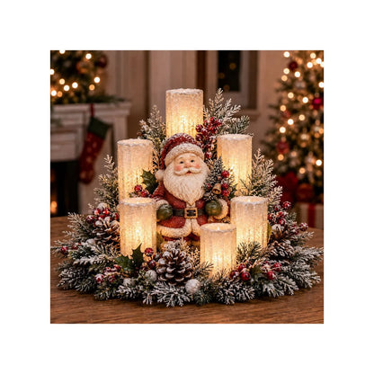 Santa Claus Christmas centerpiece with candle-style lights and greenery