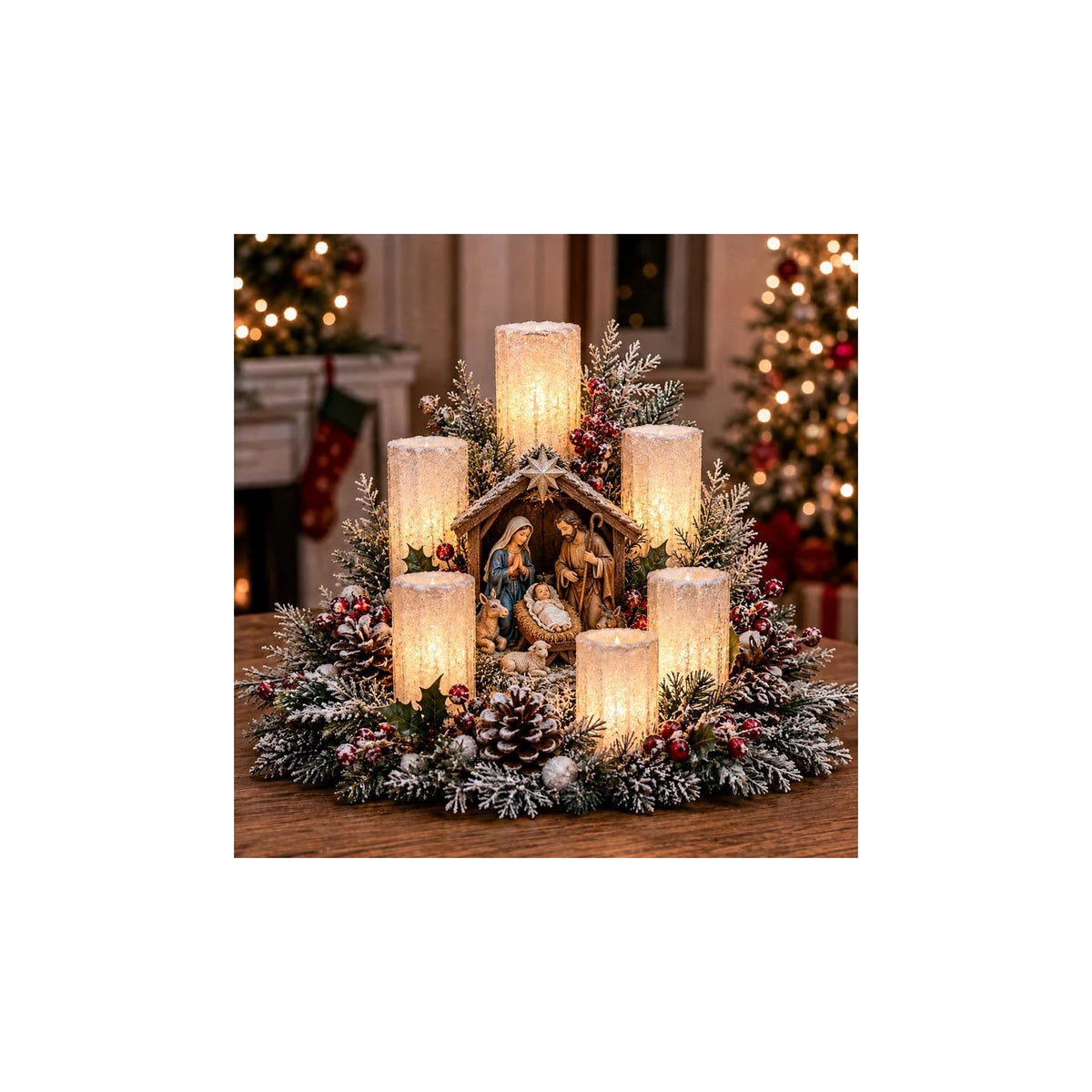 Nativity Christmas centerpiece with candle-style lights and greenery