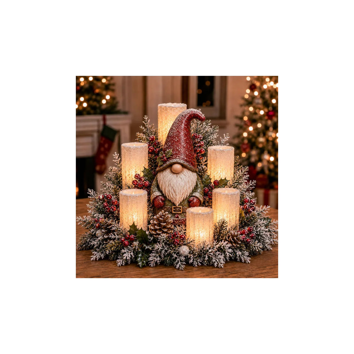 Gnome Christmas centerpiece with candle-style lights and greenery