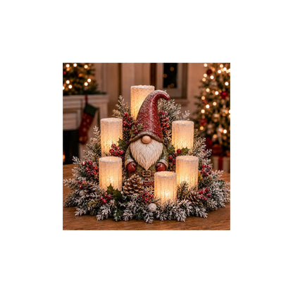 Gnome Christmas centerpiece with candle-style lights and greenery