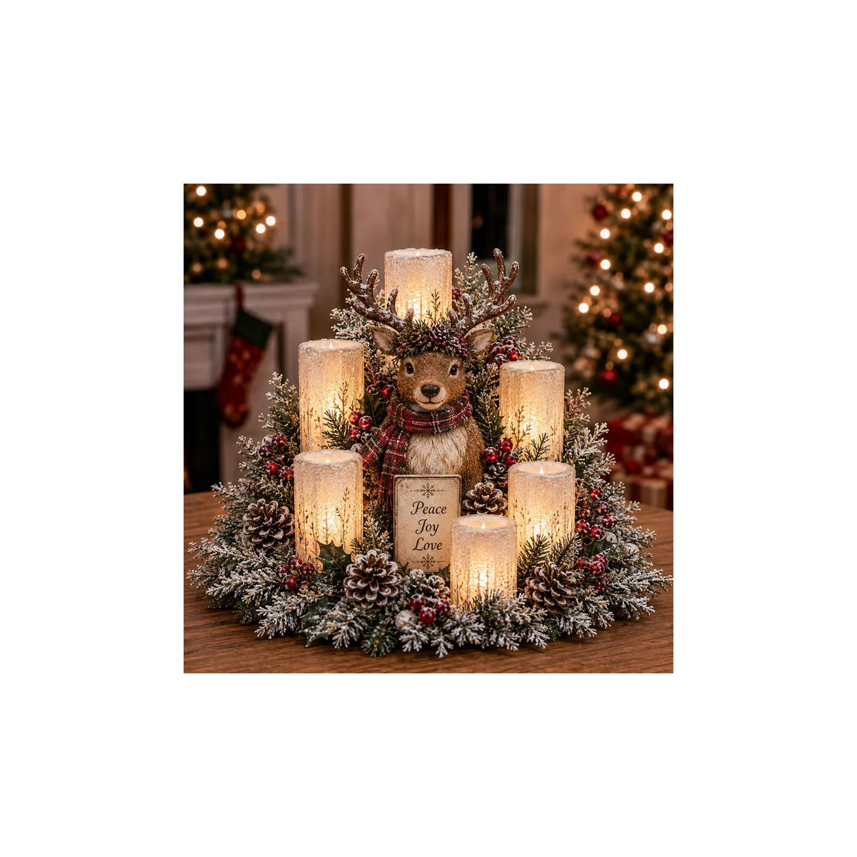 Reindeer Christmas centerpiece with candle-style lights and greenery