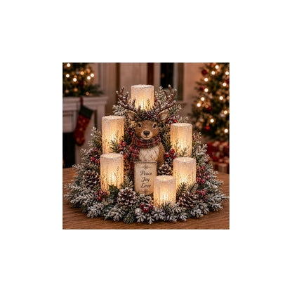 Reindeer Christmas centerpiece with candle-style lights and greenery