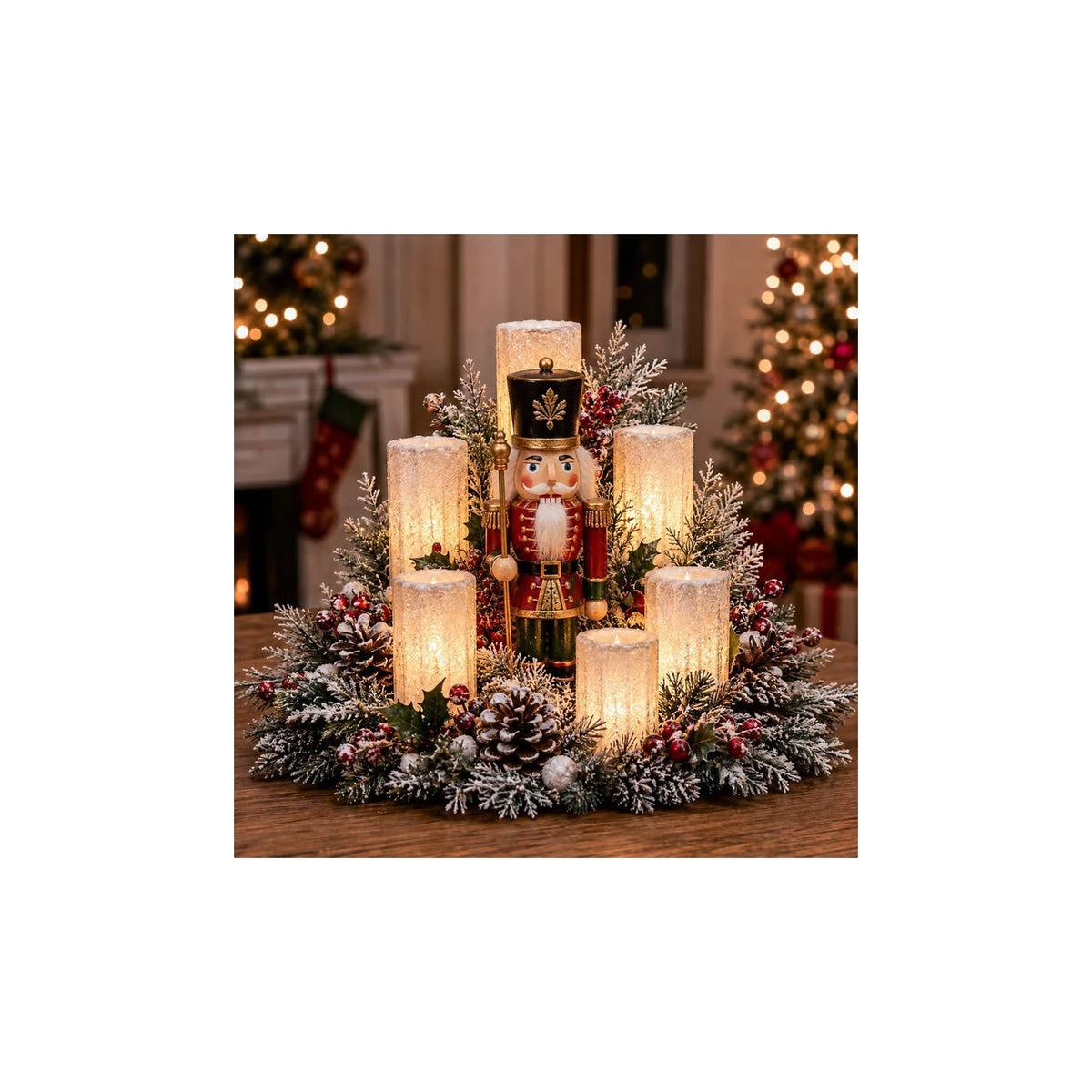 Nutcracker Christmas centerpiece with candle-style lights and greenery