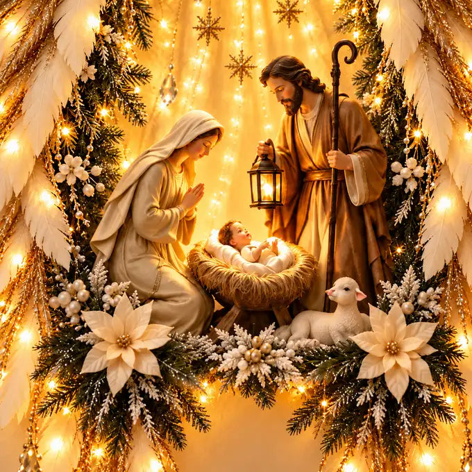 Illustrative product view: Close-up of the angel-wings hanging's Holy Family and lamb, surrounded by cream feathers, white poinsettias, greenery and warm lights.