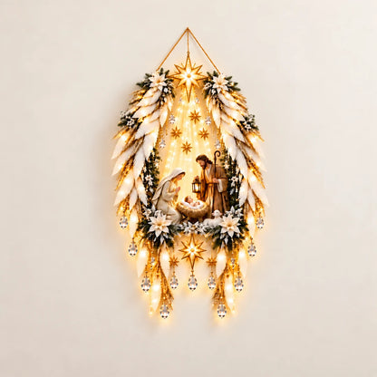 Illustrative product view: Illuminated angel-wings nativity wall hanging on an ivory background, with the Holy Family, white floral trim, gold stars and crystal drops.