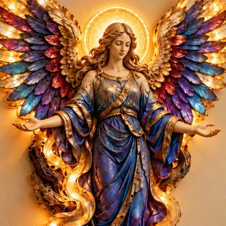 Illustrative product detail: Close-up of the Gabriel archangel decoration showing its serene face, multicolored feathered wings and blue-and-gold robe in a warm glow.