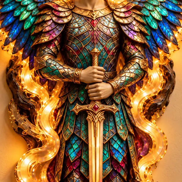Illustrative product detail: Close-up of Michael archangel's jeweled teal-and-gold armor, hands and downward-pointing sword framed by glowing gold accents.