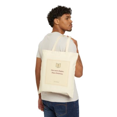 Digital Printify lifestyle mockup showing the STAPLE tote, Natural; not a customer photograph.