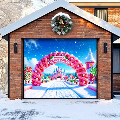 Candy World Christmas garage door cover shown on a single garage door