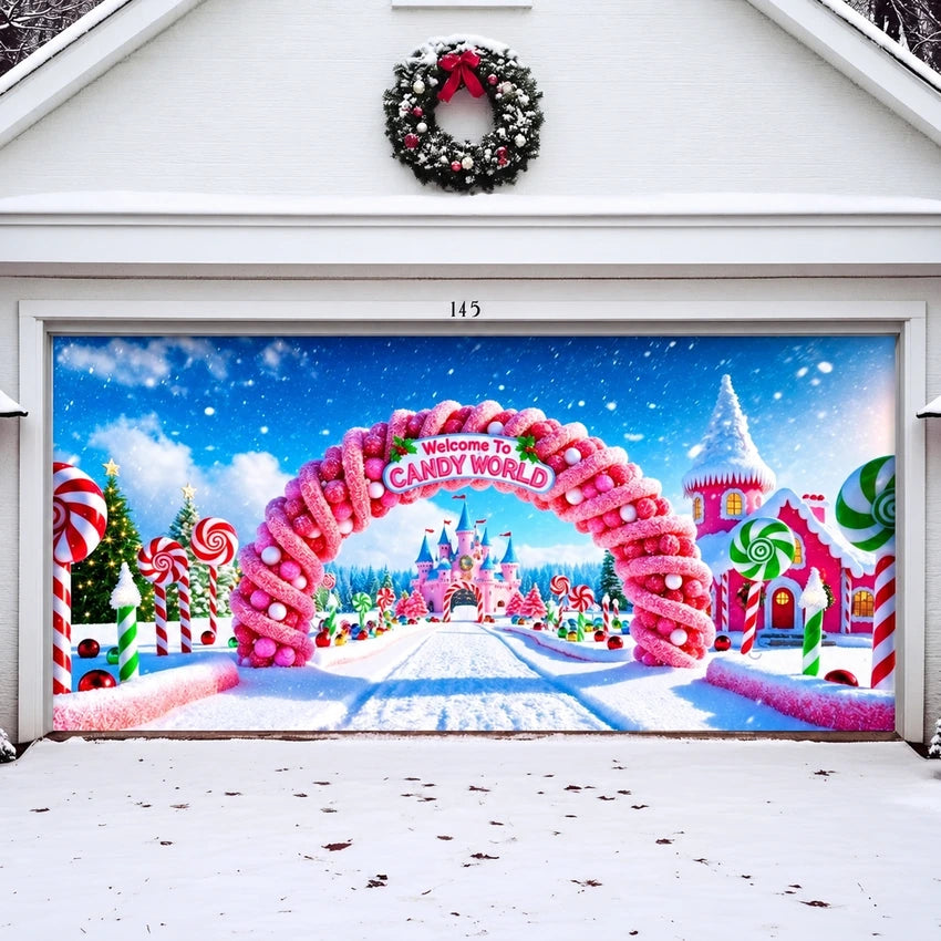 Candy World Christmas garage door cover shown on a wide garage door
