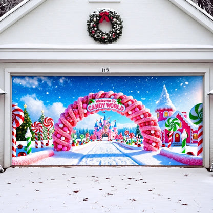 Candy World Christmas garage door cover shown on a wide garage door