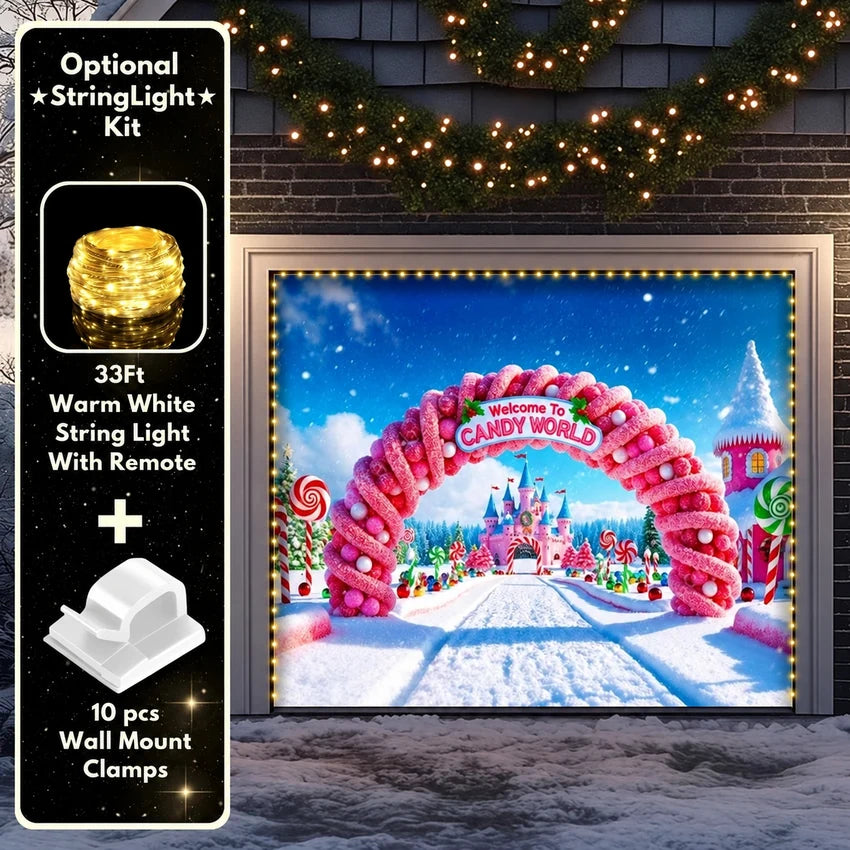 Candy World Christmas garage door cover shown on a single garage door with the optional string light kit