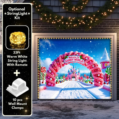 Candy World Christmas garage door cover shown on a single garage door with the optional string light kit