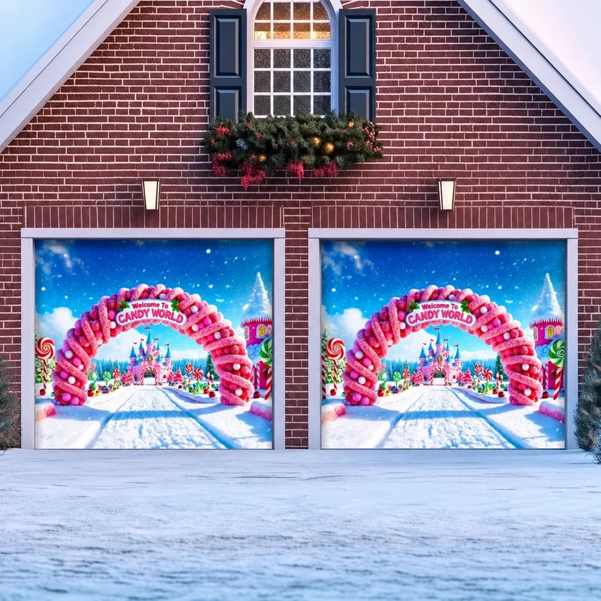 Candy World Christmas garage door cover shown on two garage doors