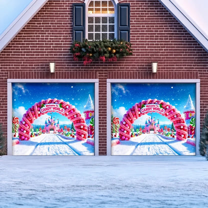 Candy World Christmas garage door cover shown on two garage doors