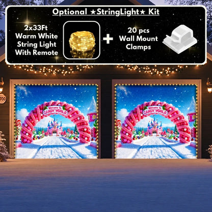 Candy World Christmas garage door cover shown on two garage doors with the optional string light kit