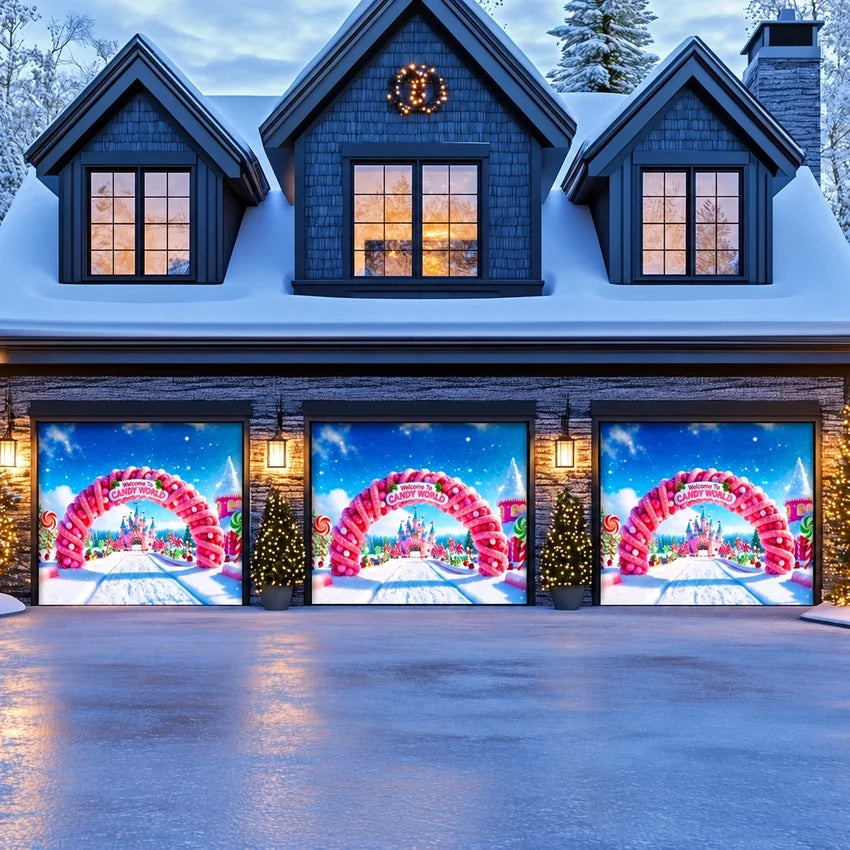 Candy World Christmas garage door cover shown on a three-door garage