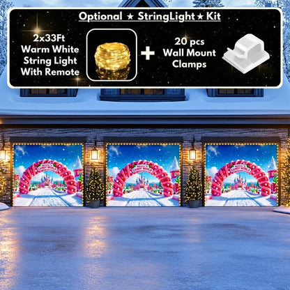 Candy World Christmas garage door cover shown on a three-door garage with the optional string light kit