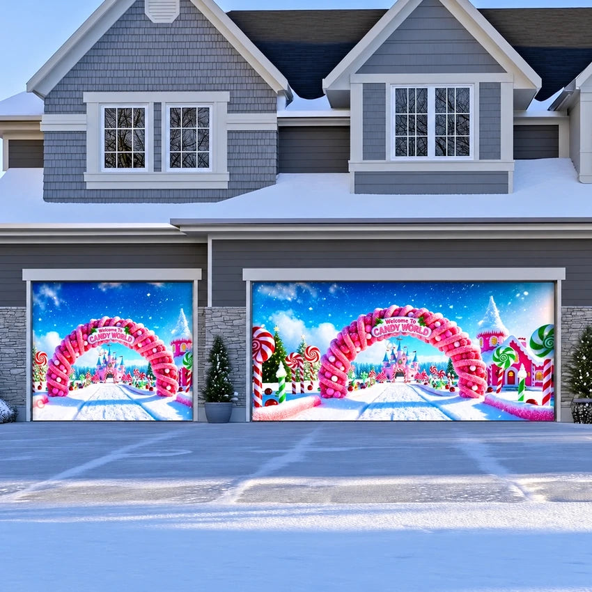 Candy World Christmas garage door cover shown on a double-and-single garage layout