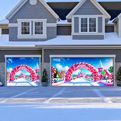 Candy World Christmas garage door cover shown on a double-and-single garage layout