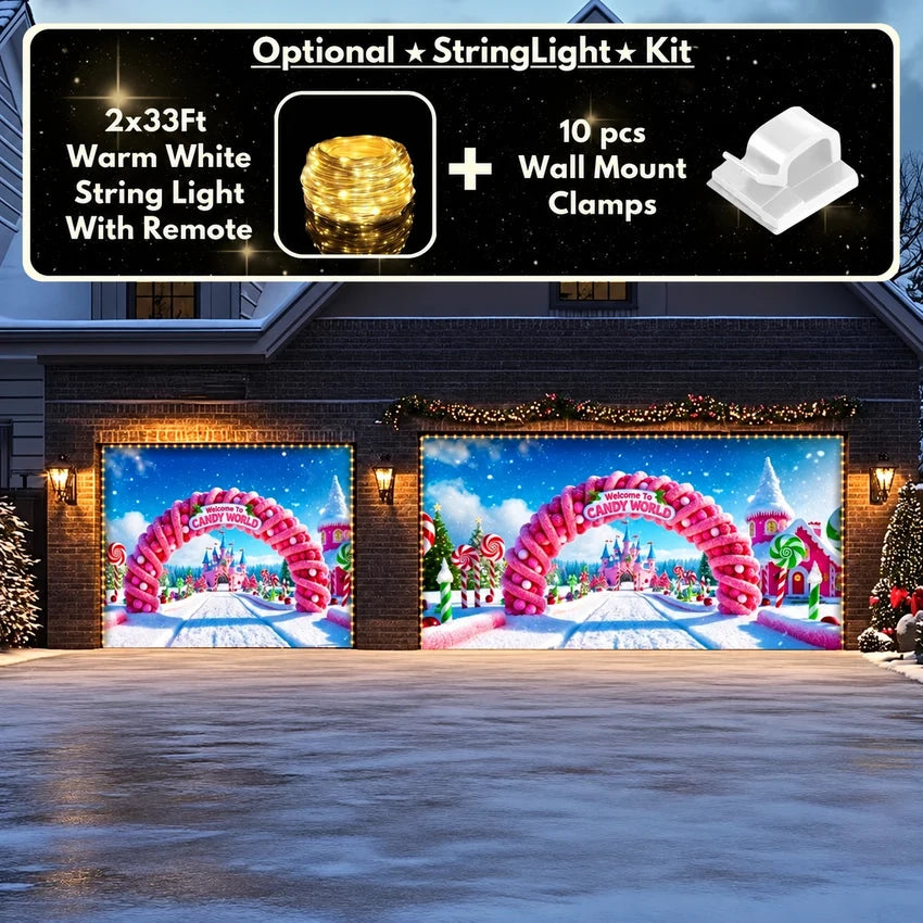 Candy World Christmas garage door cover shown on a double-and-single garage layout with the optional string light kit
