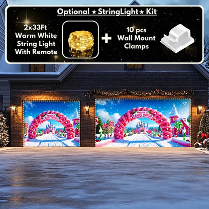 Candy World Christmas garage door cover shown on a double-and-single garage layout with the optional string light kit
