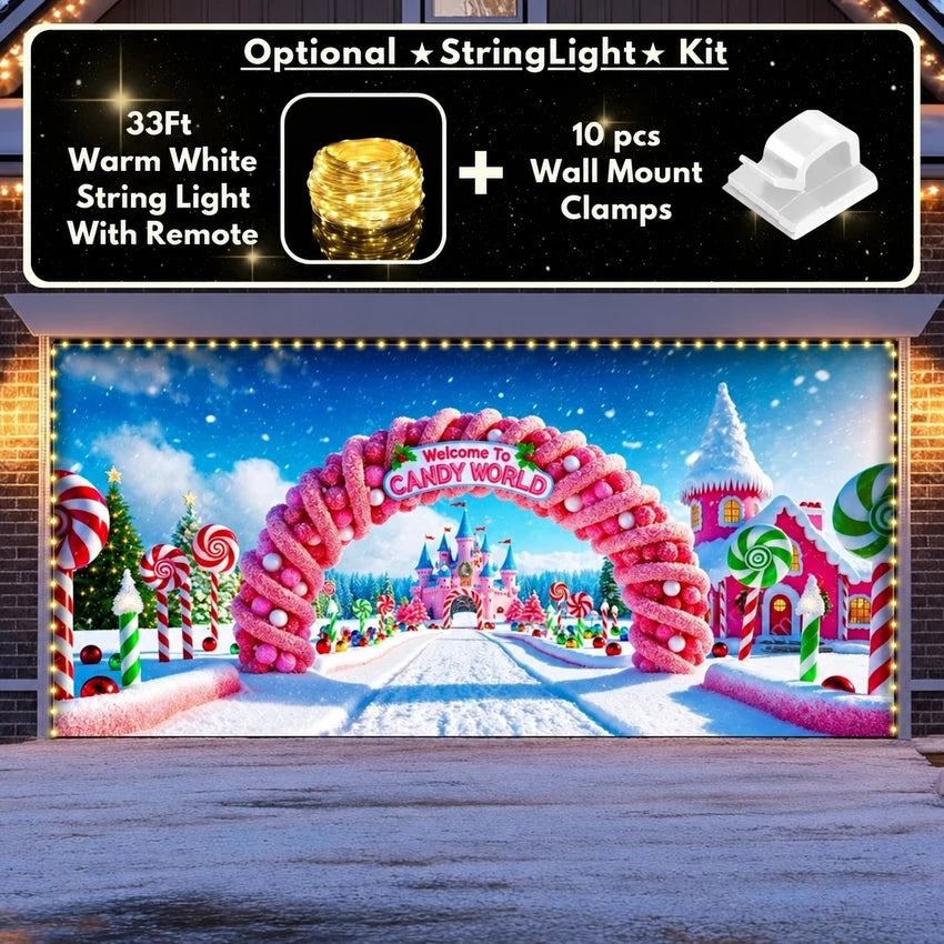 Candy World Christmas garage door cover shown on a wide garage door with the optional string light kit