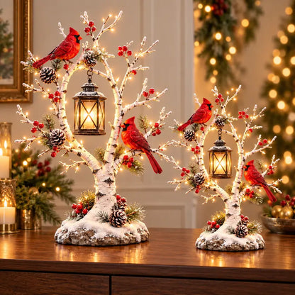 Illustrative mockup of two snowy cardinal birch-style trees with glowing hanging lanterns on a console
