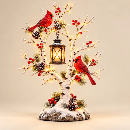 Illustrative mockup of a snowy cardinal birch-style tree with two red birds and a glowing hanging lantern